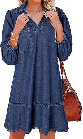 Dokotoo V Neck 3/4 Puff Sleeve Denim Babydoll Dress